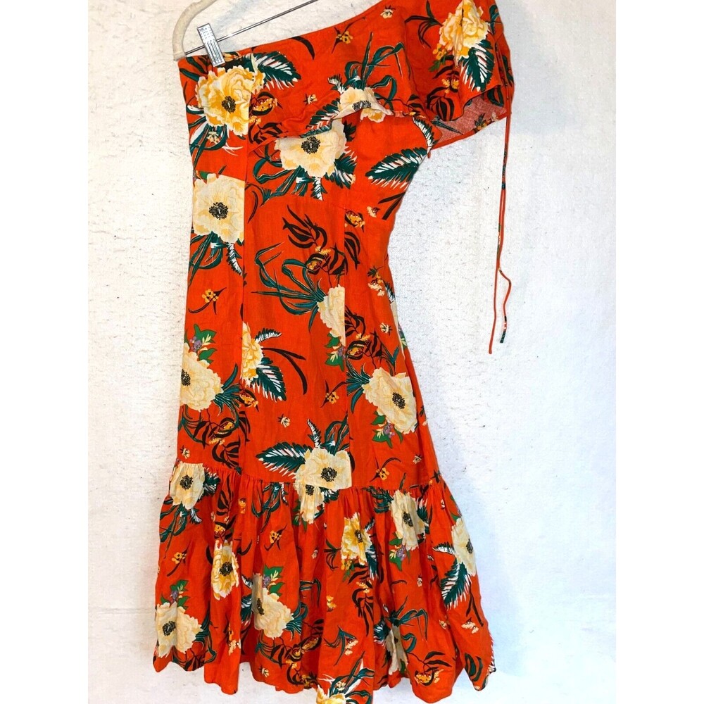 Urban Outfitters Floral Midi Dress One Shoulder Carmen Orange Womens XS linen